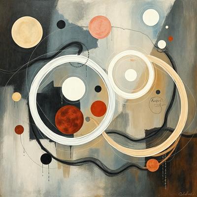 The primary subject of the image is a painting featuring a variety of circles and other shapes. The setting is a canvas, and the visual style is a combination of digital art and illustration. The painting has a vibrant and colorful atmosphere, with a mix of red, white, and orange hues. The circles are scattered throughout the painting, creating a dynamic and engaging visual experience.